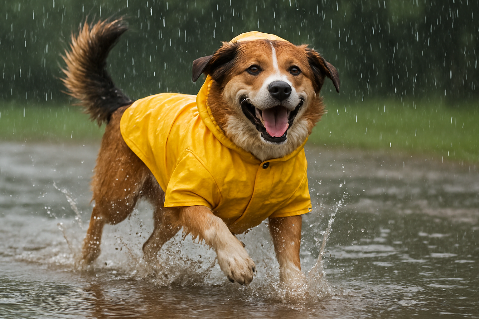 a large dog playing in the rain wearing yellow rain coat