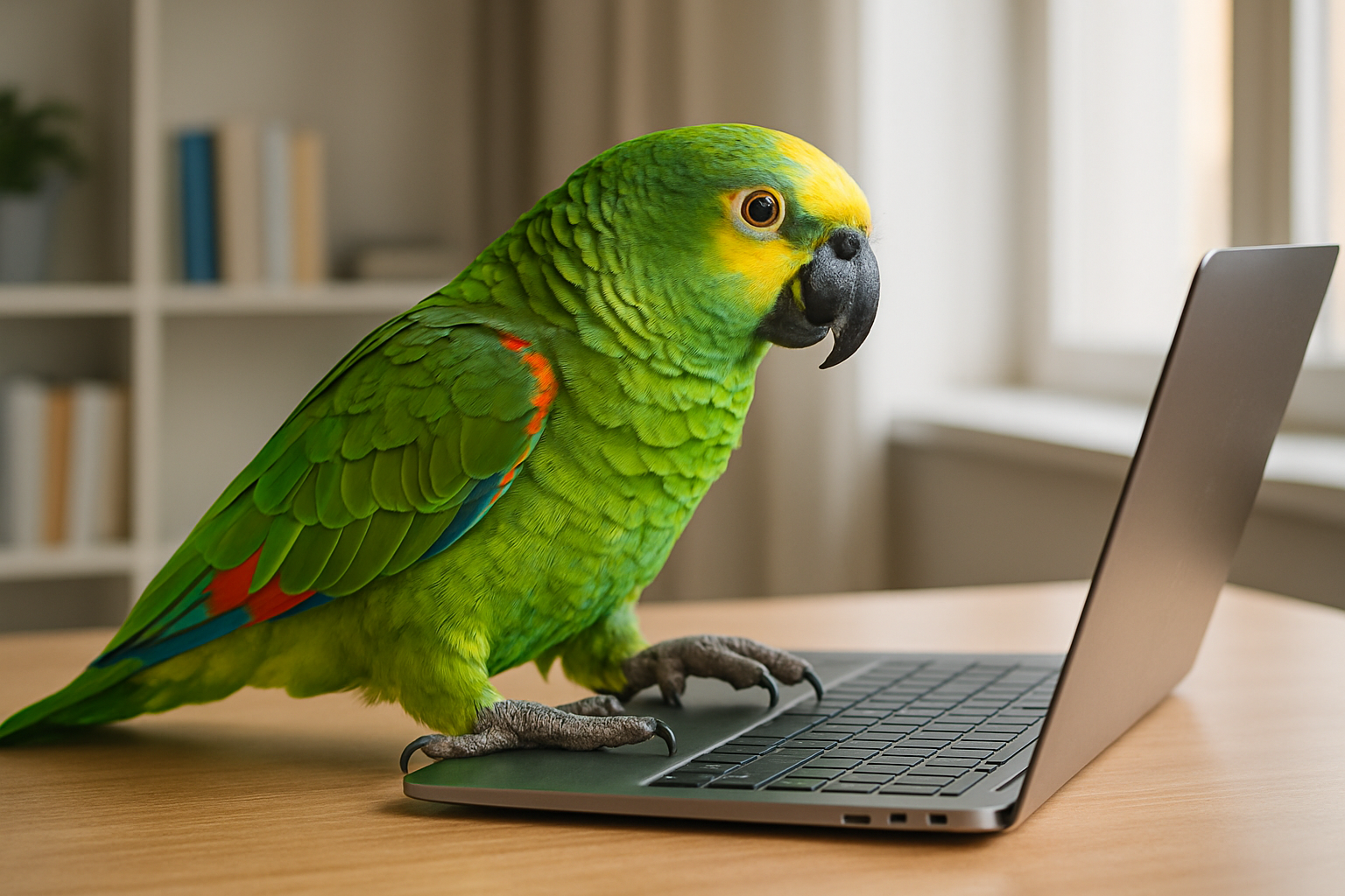 An amazon parrot using a laptop